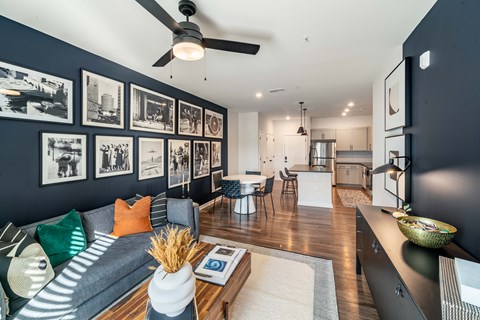 a living room with a couch and a coffee table